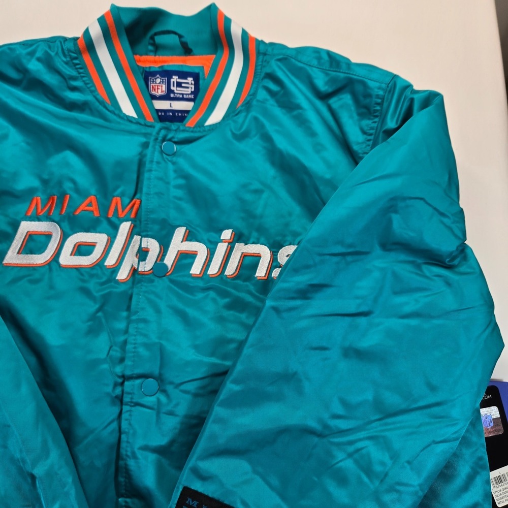 Miami Dolphins NFL Satin Bomber Jacket Ultra Game Mens Size L New With Tags - Picture 5 of 7